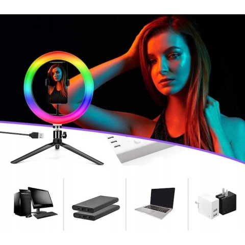 Lampa inelara LED RGB 26 cm cu doua trepiede, suport telefon si telecomanda, iluminare reglabila, inaltime 220 cm, USB 5V [1]