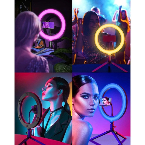 Lampa inelara LED RGB 26 cm cu doua trepiede, suport telefon si telecomanda, iluminare reglabila, inaltime 220 cm, USB 5V [4]