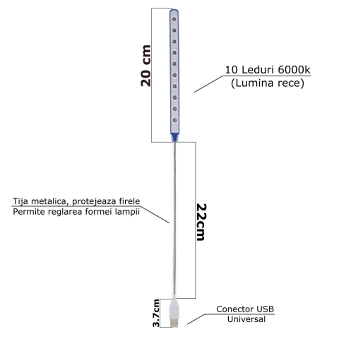 Lampa LED USB flexibila albastra pentru birou si laptop, 10 LED-uri, lumina alba 6000K, reglabila 46 cm [5]