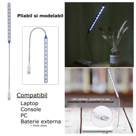 Lampa LED USB flexibila albastra pentru birou si laptop, 10 LED-uri, lumina alba 6000K, reglabila 46 cm [1]