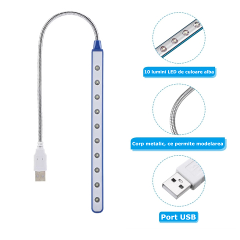 Lampa LED USB flexibila albastra pentru birou si laptop, 10 LED-uri, lumina alba 6000K, reglabila 46 cm [2]