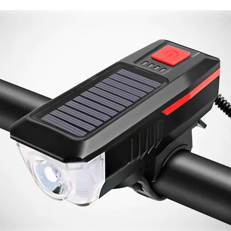 Lampa LED pentru bicicicleta,incarcare solara,claxon,baterie 2000 mAh - buton rosu [1]