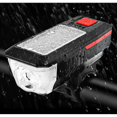 Lampa LED pentru bicicicleta,incarcare solara,claxon,baterie 2000 mAh - buton rosu [2]