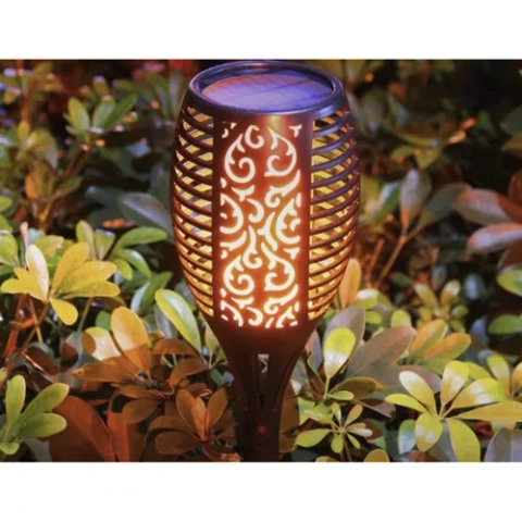 ELECTRONICE - Lampa solara decorativa pentru gradina si terasa, iluminare LED cu lumina calda, efect flacara, rezistenta la apa, 7 x 51 cm, negru