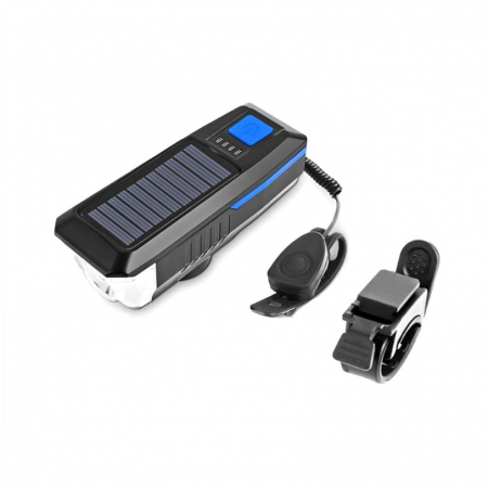 Faruri LED - Lampa LED pentru bicicicleta,incarcare solara,claxon,baterie 2000 mAh - buton albastru
