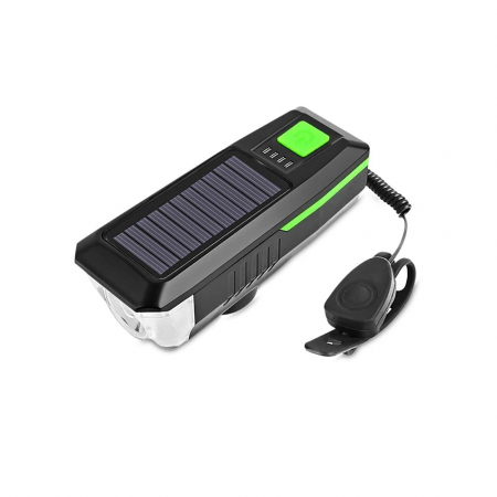 Faruri LED - Lampa LED pentru bicicicleta,incarcare solara,claxon,baterie 2000 mAh - buton verde