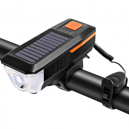Faruri LED -  Lampa LED pentru bicicicleta,incarcare solara,claxon,baterie 2000 mAh - buton portocaliu