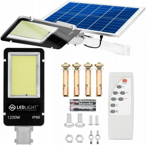 ELECTRONICE - Lampa solara, putere 1200 W, 800 LED-uri, suport pentru perete, stalp, complet rezistenta la fenomene meteo (protectie IP66), telecomanda inclusa, negru