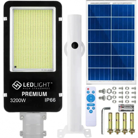 ELECTRONICE - Lampa solara, putere 3200 W, 1231 LED-uri, suport pentru perete, stalp, complet rezistenta la fenomene meteo (protectie IP66), telecomanda inclusa, negru