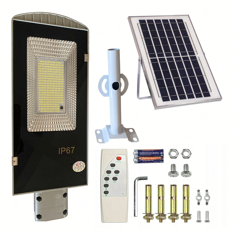 Iluminat LED - Lampa solara stradala 300W, 299 LED-uri, panou solar separat, telecomanda, stalp de montaj, iluminare exterior pentru curte, gradina, alei si parcari