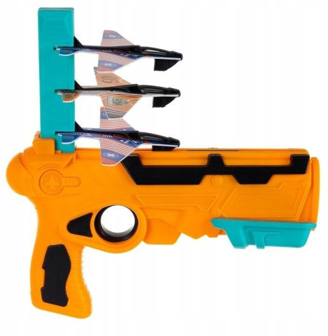 JOCURI ȘI JUCĂRII - Lansator avioane portocaliu 25 x 6 x 18 cm, pistol jucarie cu 4 avioane EPP, sistem mecanic de lansare, fara baterii, pentru copii 3+ ani, joc activ de precizie si indemanare