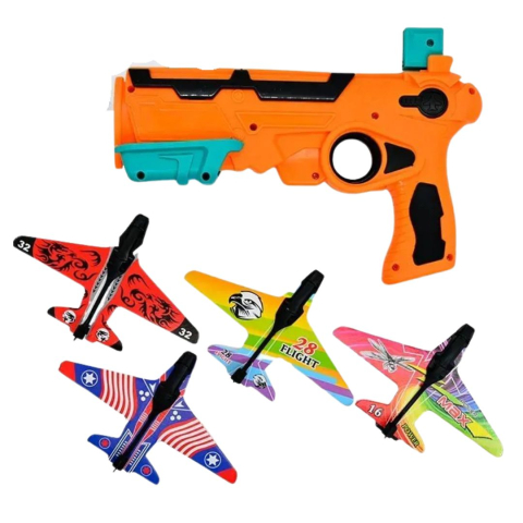 Lansator avioane portocaliu 25 x 6 x 18 cm, pistol jucarie cu 4 avioane EPP, sistem mecanic de lansare, fara baterii, pentru copii 3+ ani, joc activ de precizie si indemanare [1]