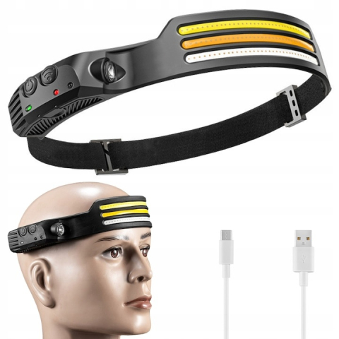 SPORT ȘI ACTIVITĂȚI - Lanterna frontala cu acumulator intern, 3 benzi LED COB, senzor de miscare, 5 moduri de iluminare, 800 lm, 1200 mAh, reincarcabila USB Type-C, IPX4