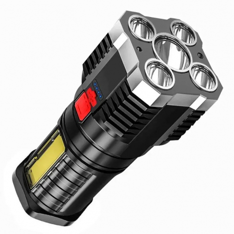 SPORT ȘI ACTIVITĂȚI - Lanterna portabila, 6 LED-uri, 4 moduri de iluminare, cablu Micro-USB inclus, ABS, baterie 1200 mAh, rezistenta la apa, negru