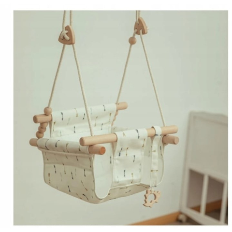 Leagan din lemn, pentru copii, bumbac, usor de montat, bej/alb [2]