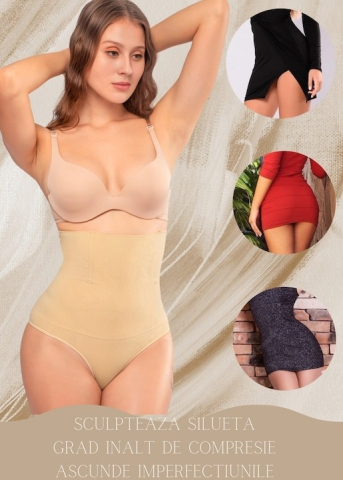 Lenjerie modelatoare talie inalta compresie abdomen si efect lifting posterior, fara cusaturi, bej, marime M/L [1]