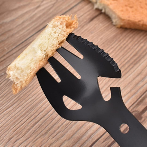 Lingura multifunctionala inox neagra 18 cm cu furculita, desfacator, chei piulite si lama zimtata pentru camping si EDC [3]