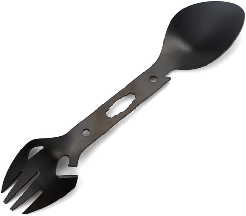 SPORT ȘI ACTIVITĂȚI - Lingura multifunctionala inox neagra 18 cm cu furculita, desfacator, chei piulite si lama zimtata pentru camping si EDC