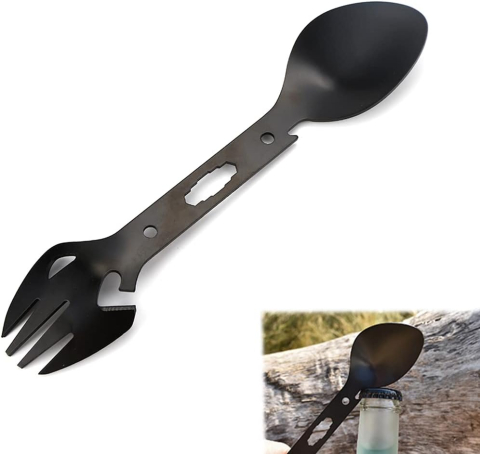 Lingura multifunctionala inox neagra 18 cm cu furculita, desfacator, chei piulite si lama zimtata pentru camping si EDC [1]