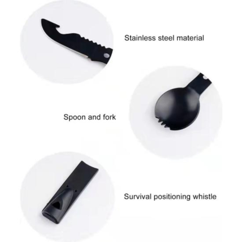 Lingura multifunctionala tip spork cu cutit, desfacator si fluier, metal negru, cu teaca protectie [2]