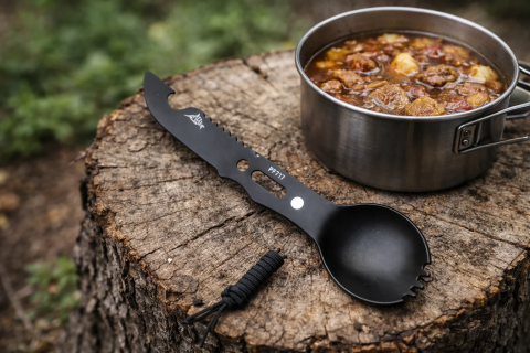 Lingura multifunctionala tip spork cu cutit, desfacator si fluier, metal negru, cu teaca protectie [3]