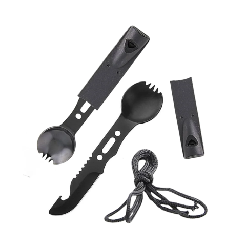 SPORT ȘI ACTIVITĂȚI - Lingura multifunctionala tip spork cu cutit, desfacator si fluier, metal negru, cu teaca protectie