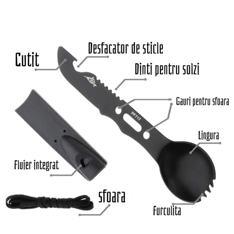 Lingura multifunctionala tip spork cu cutit, desfacator si fluier, metal negru, cu teaca protectie [1]