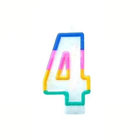 Party - Lumanare aniversara cifra 4 alba 4,8 cm, decor albastru, roz, galben, verde si portocaliu, parafina, suport plastic pentru tort