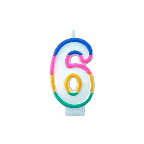 CADOURI - Lumanare aniversara cifra 6 alba 4,8 cm, decor multicolor, din parafina, fitil din bumbac si suport plastic pentru tort