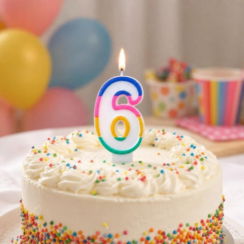 Lumanare aniversara cifra 6 alba 4,8 cm, decor multicolor, din parafina, fitil din bumbac si suport plastic pentru tort [1]