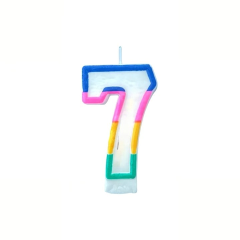 CADOURI - Lumanare aniversara cifra 7 alba 4,8 cm, decor albastru, roz, galben, verde si portocaliu, parafina, fitil bumbac, suport pentru tort