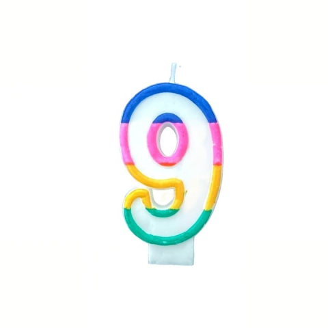 CADOURI - Lumanare aniversara cifra 9 alba 4,8 cm, decor multicolor, parafina, fitil din bumbac si suport din plastic pentru fixare in tort