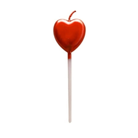 Lumanare decorativa pentru tort, forma inima lucioasa, cu suport pentru fixare, 11 x 3.2 cm, pentru aniversari, nunti si petreceri, rosu