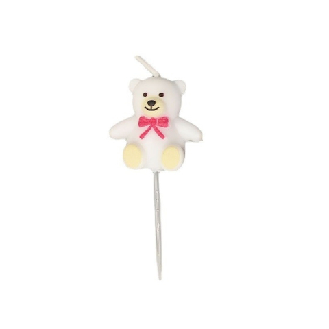 Diverse accesorii papetarie - Lumanare decorativa pentru tort, model ursulet alb cu fundita roz, cu betisor pentru fixare, decor aniversari si botezuri, 7.2 x 3.4 cm