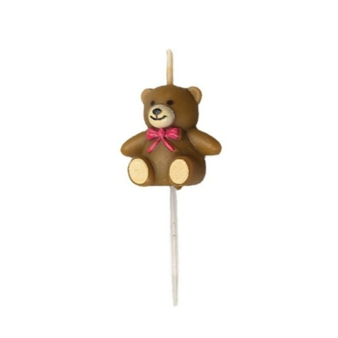 Diverse accesorii papetarie - Lumanare decorativa pentru tort, model ursulet maro cu fundita roz, cu betisor pentru fixare, decor aniversari si petreceri, 7.2 x 3.4 cm