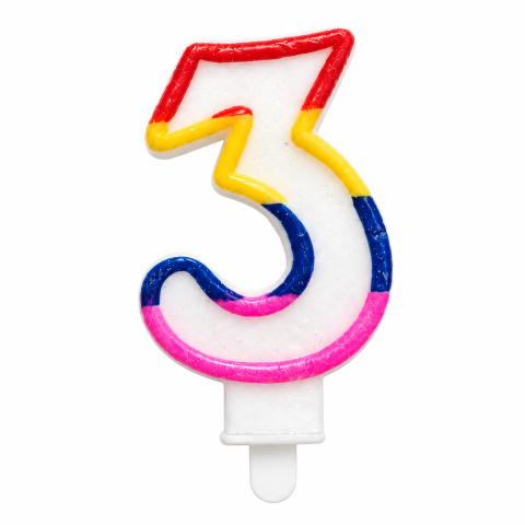 CADOURI - Lumanare tort cifra 3 cu sclipici, multicolora rosu, galben, albastru si roz, decor aniversar cu suport pentru fixare