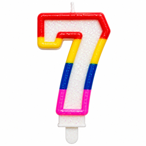 Party - Lumanare tort cifra 7 cu sclipici, multicolora rosu, galben, albastru si roz, decor aniversar cu suport pentru fixare