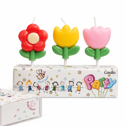 PAPETARIE & BIROTICA - Lumanari pentru tort rosu galben roz 7 x 4 cm, set 3 buc, flori decorative 3D din parafina premium, pentru aniversari, botez, petreceri si candy bar