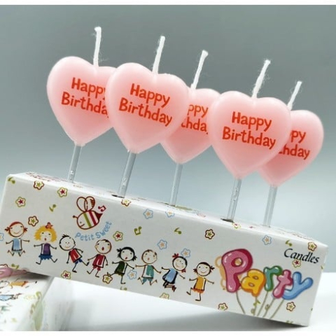 Lumanari pentru tort roz 6 x 2.5 cm, set 5 buc, model inimioara Happy Birthday, din parafina premium, pentru aniversari, petreceri si candy bar [4]