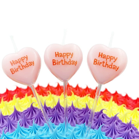 Lumanari pentru tort roz 6 x 2.5 cm, set 5 buc, model inimioara Happy Birthday, din parafina premium, pentru aniversari, petreceri si candy bar [2]