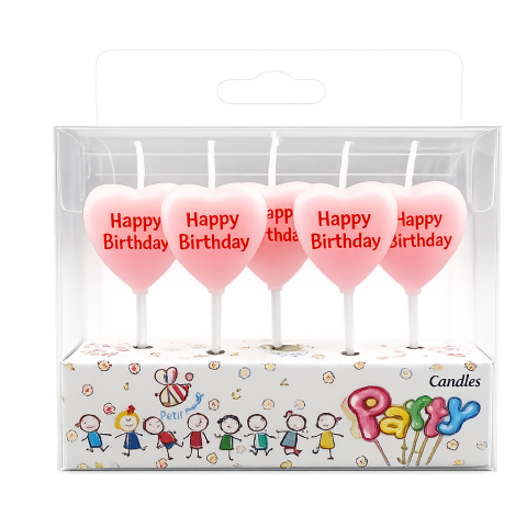 CASA & GRADINA - Lumanari pentru tort roz 6 x 2.5 cm, set 5 buc, model inimioara Happy Birthday, din parafina premium, pentru aniversari, petreceri si candy bar