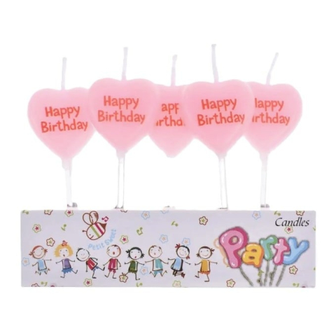 Lumanari pentru tort roz 6 x 2.5 cm, set 5 buc, model inimioara Happy Birthday, din parafina premium, pentru aniversari, petreceri si candy bar [6]