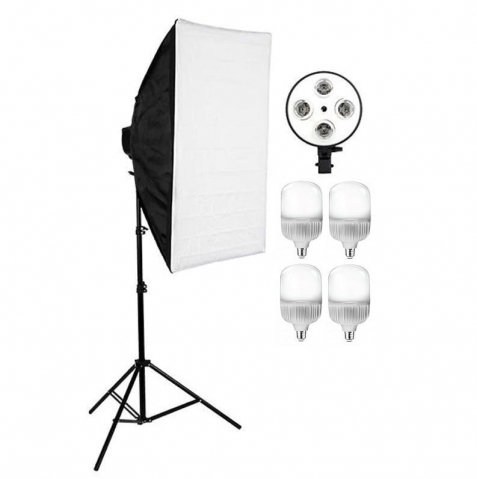 ECHIPAMENTE FOTO - Softbox cu soclu de 4 becuri, trepied reglabil 200 cm, 4 becuri LED de 25W