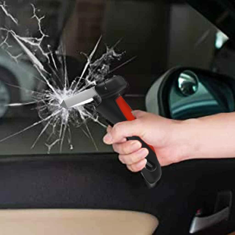 Maner auto 4 in 1, kit de siguranta cu LED, cutter pentru centura si ciocan, ABS si aluminiu, rosu/negru [2]