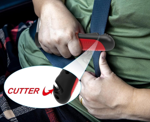 Maner auto 4 in 1, kit de siguranta cu LED, cutter pentru centura si ciocan, ABS si aluminiu, rosu/negru [3]