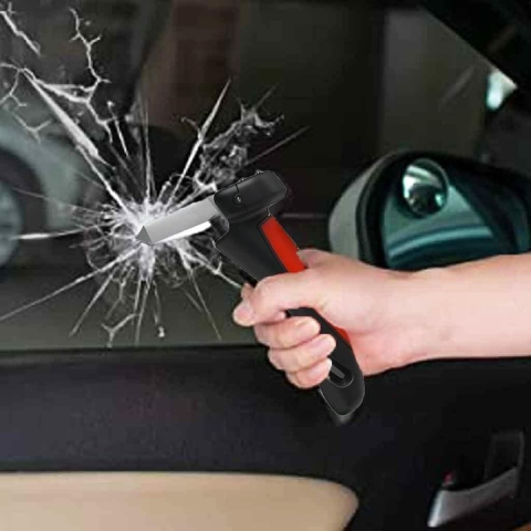 Maner auto 4 in 1 pentru siguranta masina, ciocan geam cutter centura lanterna LED si sprijin, rosu negru [2]
