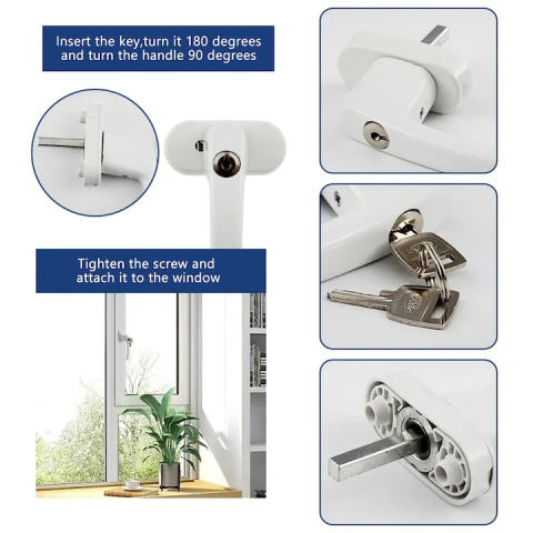 Maner fereastra cu incuietoare de siguranta, antiefractie, cu chei si suruburi, model universal, aluminiu alb [2]