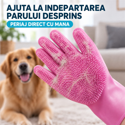 Manusi din silicon roz pentru periaj, baie si masaj animale, cu peri flexibili [5]