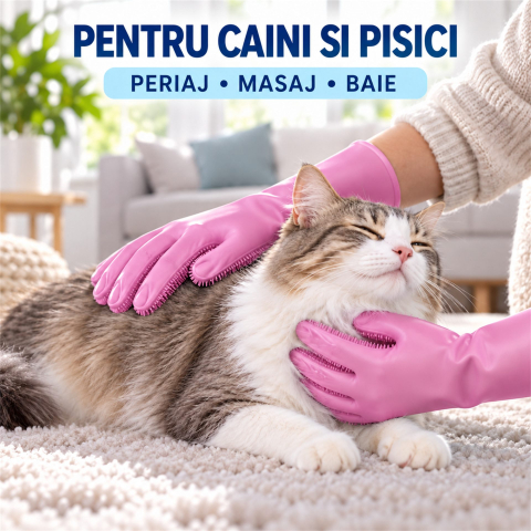 Manusi din silicon roz pentru periaj, baie si masaj animale, cu peri flexibili [7]