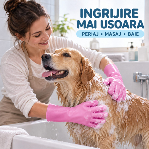 Manusi din silicon roz pentru periaj, baie si masaj animale, cu peri flexibili [3]